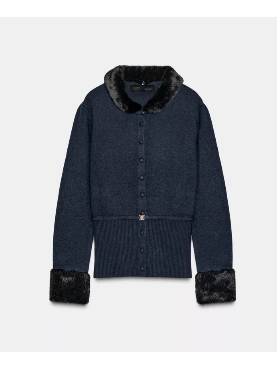 Zara Navy Blue Cardigan With Black Faux Fur Collar & Cuffs
